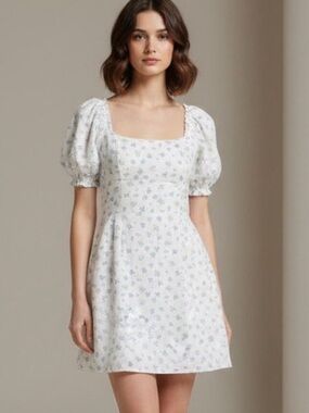 NWOT Altar'd State Shianna White Blue Puff-Sleeve Mini Dress M